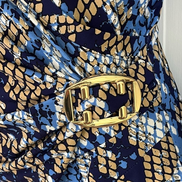 Cache Blue Tan Snake Print Faux Wrap Stretch Jersey Gold Buckle Dress Size M - Picture 4 of 13